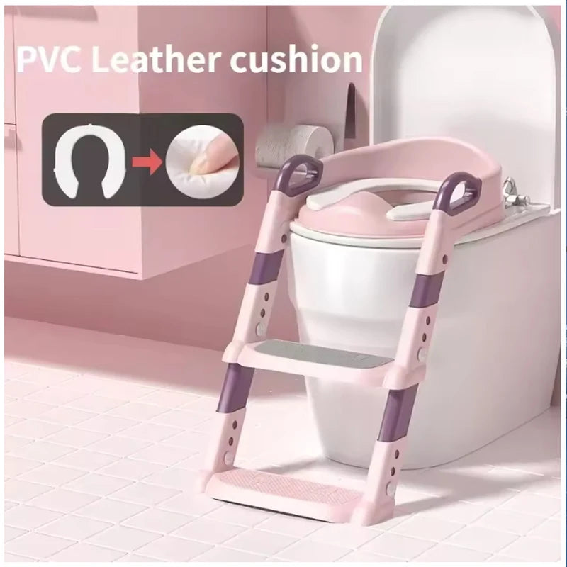 Portable Children's Toilet Seat Stairway Adjustable Baby Toilet Folding Stand Step Stool Toilet Seat Ring with Nonslip Pad
